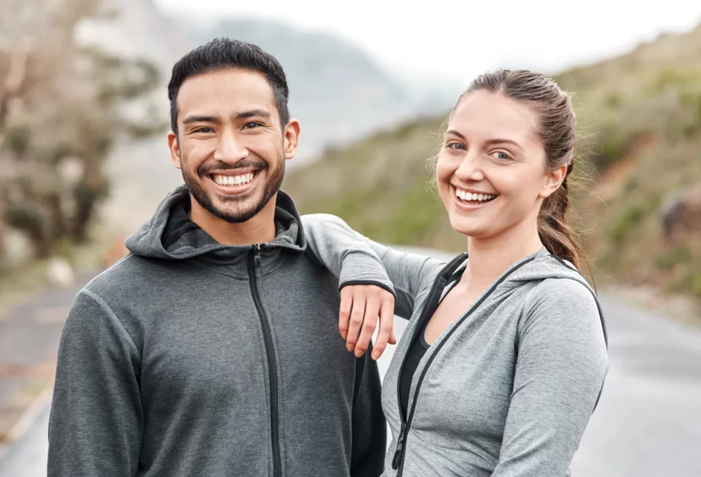 couple fitness and portrait with smile in road fo utc ()